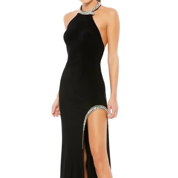Mac Duggal Black Crystal Halter Jersey Gown - Picture 1 of 5